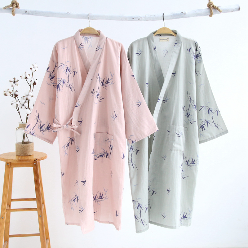 Summer Thin Cotton Gauze Nightgown Couple's Japanese-style Men's Kimono Bathrobe Cotton Pajamas Cardigan Long Nightdress Sweatshirt