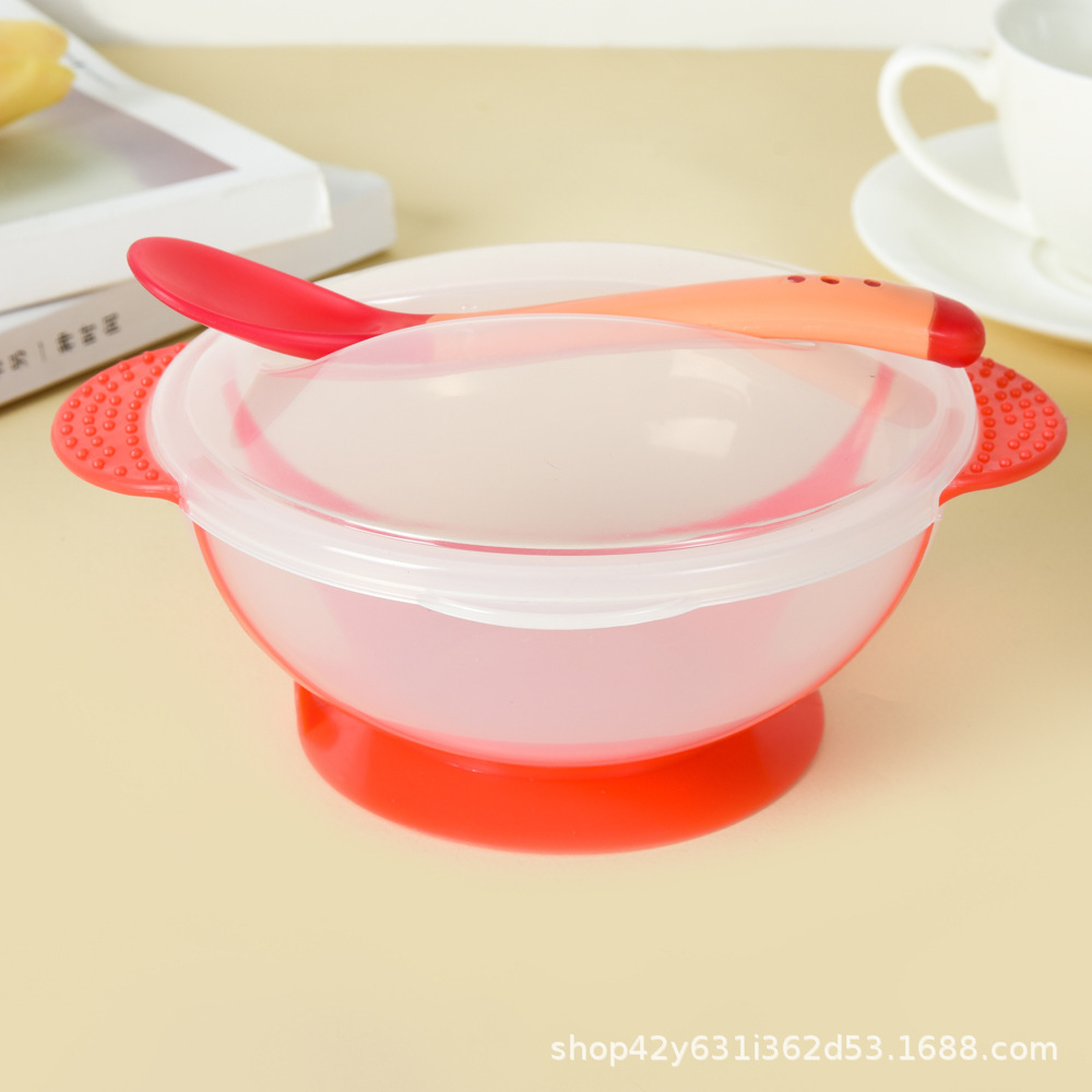 Оптовая продажа детского набору мисок с присоской, антискользящая и противоударная миска с ложкой для определения температуры