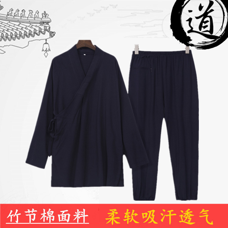 Factory Direct Supply Side Open Slub Slant Open Sanqing Collar Spring and Summer Taiji Clothing Men's and Women's Cotton and Linen Clothes Robe Set