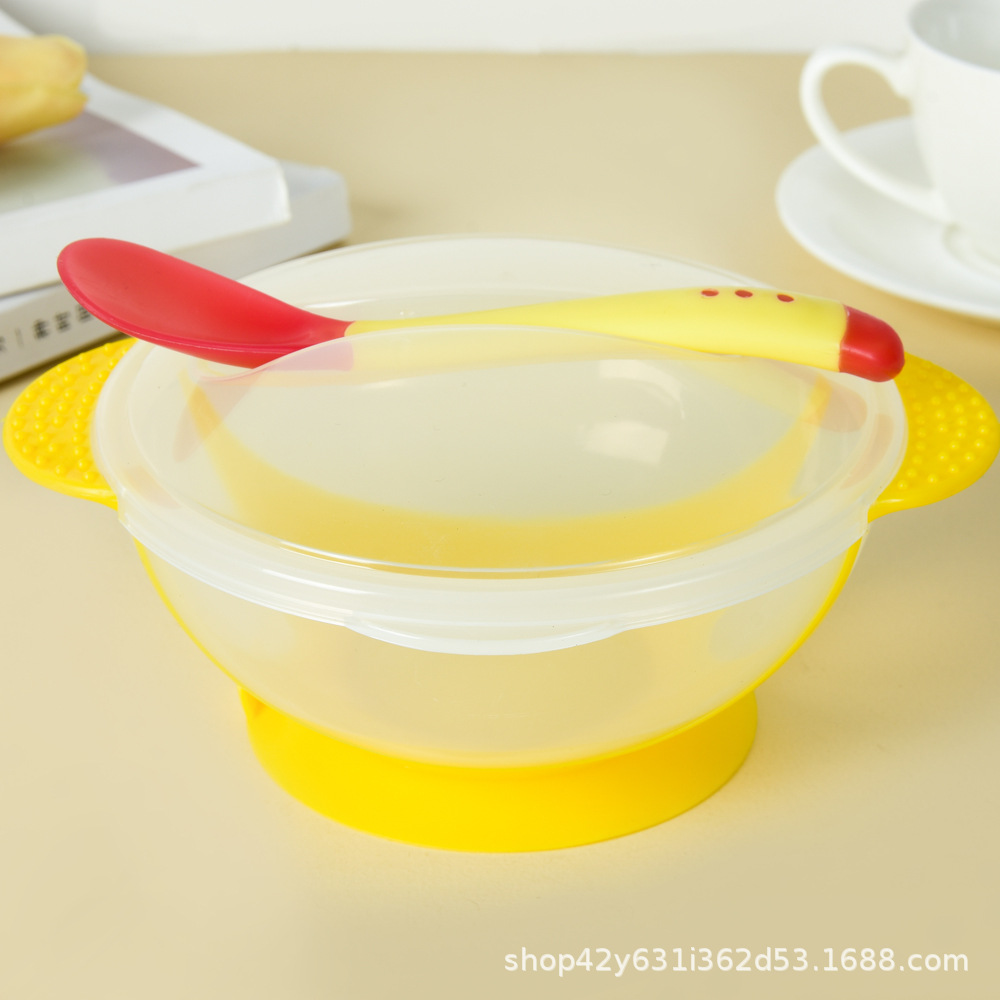 Manufacturer Wholesale Baby Suction Cup Bowl Set Anti-Slip and Anti-Fall Baby Bowl with Temperature Sensing Spoon Baby Training Bowl Complementary Food Bowl