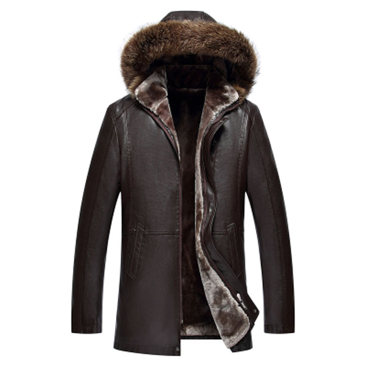 Middle-aged Men's Raccoon Fur Collar Fur Mid-length Men's Thickened Genuine Leather Coat Men's One-piece Fur Coat