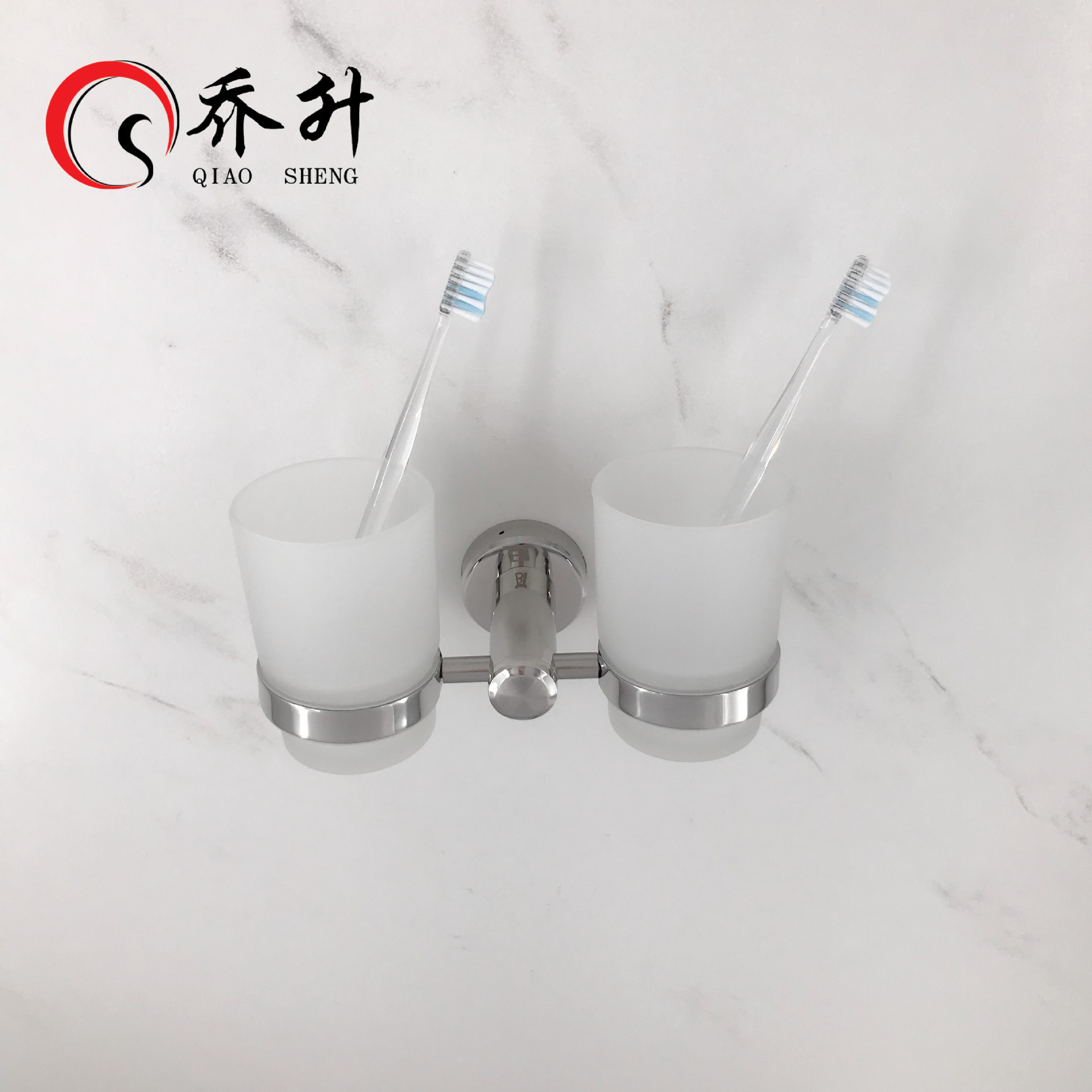 Qiaosheng Bathroom 304 Stainless Steel Bathroom Mouthwash Cup Holder Double Cup Bathroom Glass Toothbrush Cup Toothbrush Holder Wall Hanging