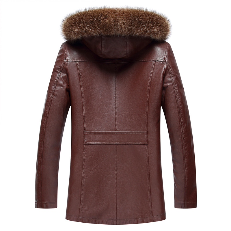 Middle-aged Men's Raccoon Fur Collar Fur Mid-length Men's Thickened Genuine Leather Coat Men's One-piece Fur Coat