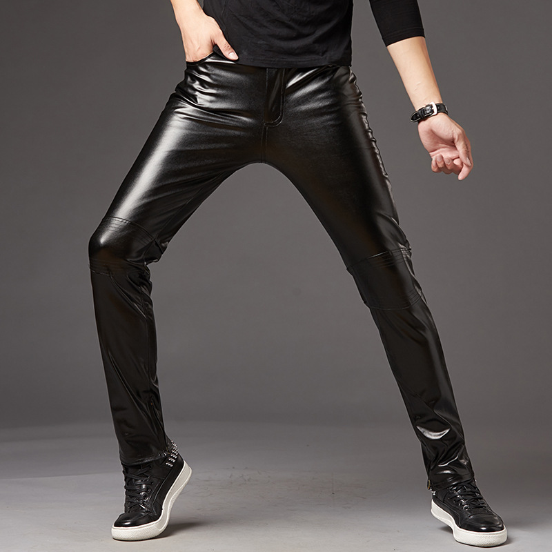 2025 Autumn and Winter Men's Leather Pants Korean Style Slim Small Leg Pants Stage Performance Men's Motorcycle Men's Glossy Silver Leather Pants