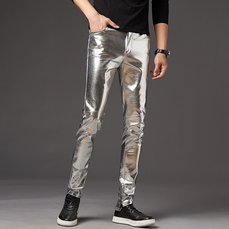 2025 Autumn and Winter Men's Leather Pants Korean Style Slim Small Leg Pants Stage Performance Men's Motorcycle Men's Glossy Silver Leather Pants