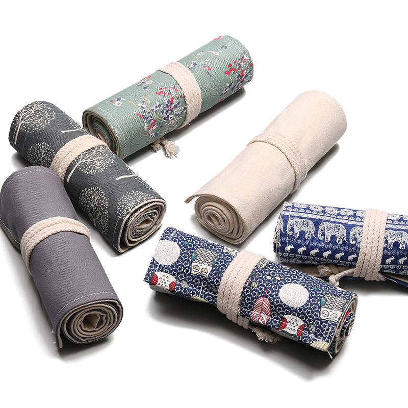 Handmade canvas pen curtain 12/24/36/48/72 hole large capacity roll pen bag male and female color lead sketch stationery box