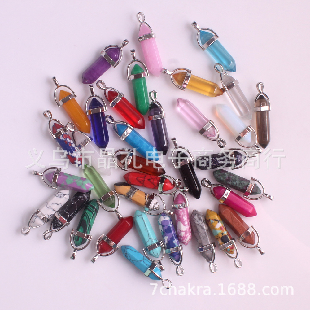 Natural Stone Hexagonal Pendant European and American Natural Crystal Hexagonal Prism Bullet Hexahedral Black Wax Rope Necklace