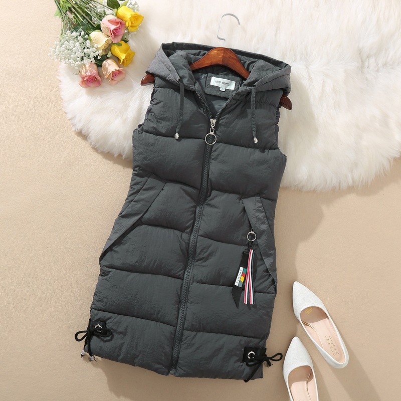 Down Cotton Outwear Vest Women's Outwear Autumn and Winter Sleeveless Waistoutwear Mid-Length Hooded Vest Korean Style Cotton Outwear Cotton Jacket Trendy