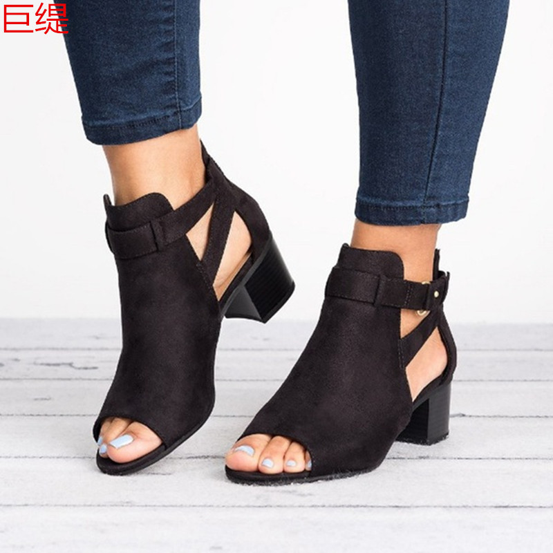 Spot Spring and Summer New Wish Amazon Independent Station European and American Export Large Size Thick Heel Buckle Sandals for Women