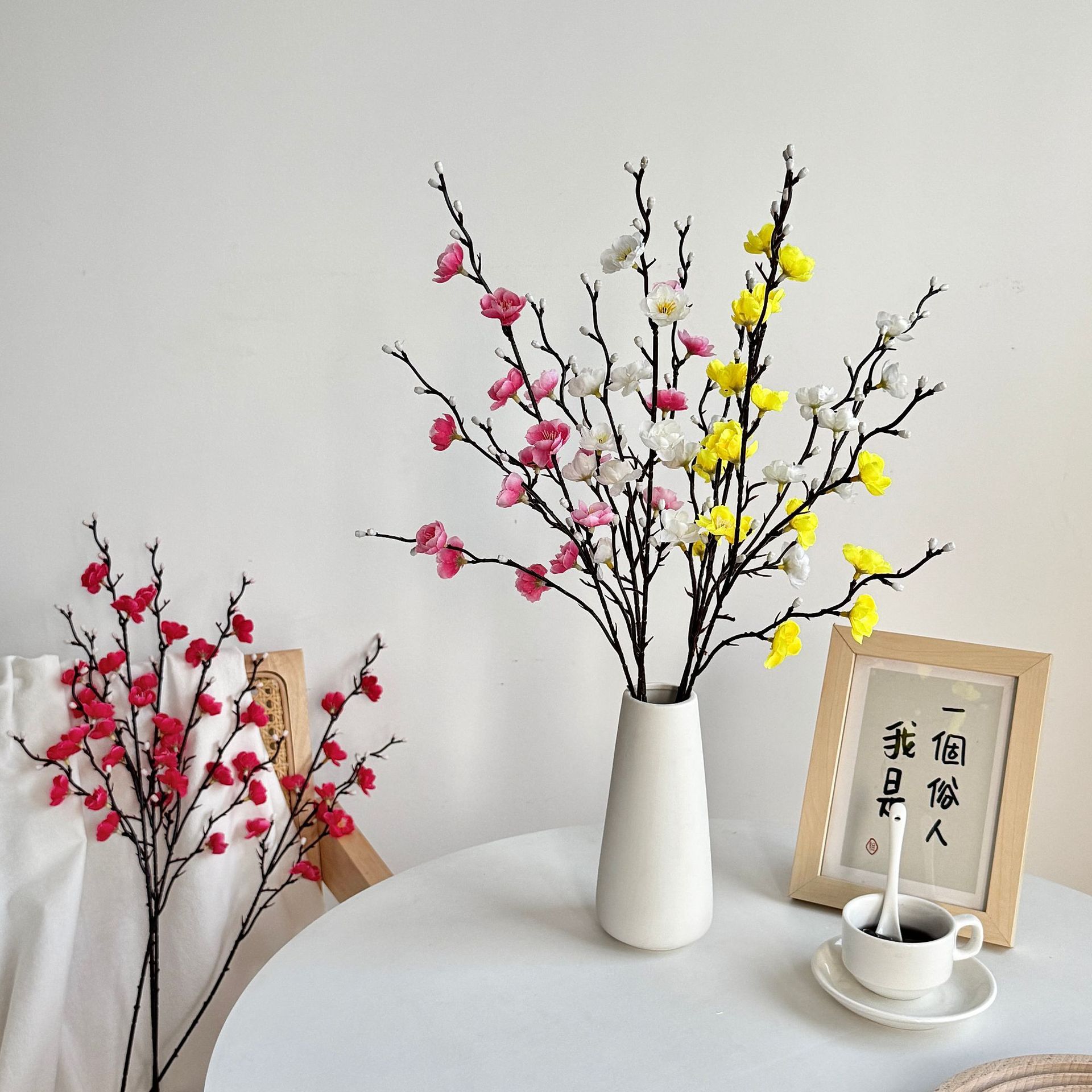 Cross-border Hot Sale 55CM Single Plum Blossom White Mini Chimonanthus Artificial Flower Chinese Home Decoration Arrangement