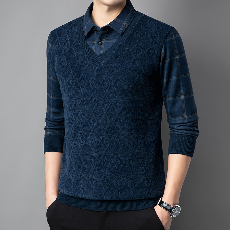 [fleece-lined European velvet cotton] 2024 new men's autumn and winter fake two-piece sweater for middle-aged and elderly fathers sweater backing