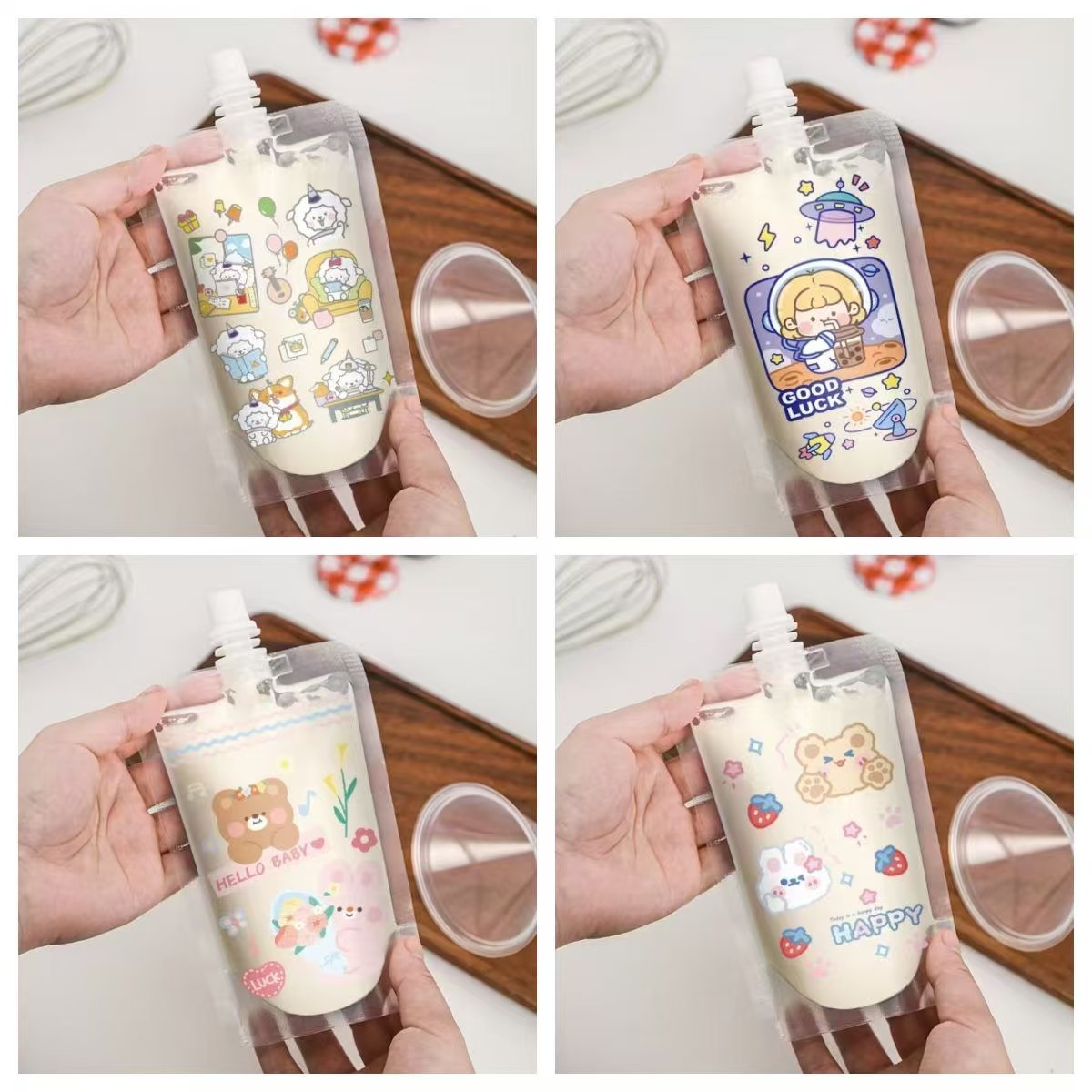 Милый мультяшный пакет с насадкой для сока сливы, упаковка для напитков, фруктового пюре, жидкий герметичный пакет, одноразовый пакет для сахара