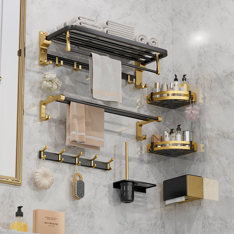 Безсверловой вешалка для полотенец черно-золотая из алюминия для ванной