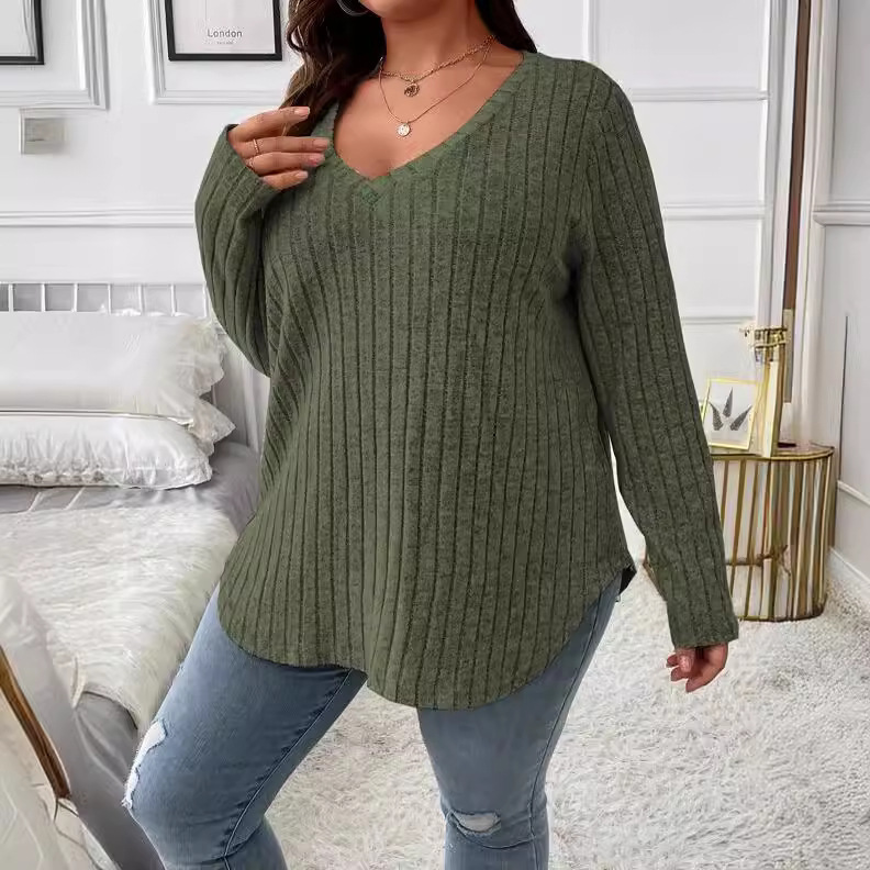2025 Amazon Autumn and Winter New Pure Color Plus Size Women's Tops V Neck Long-Sleeved Pit Strip Brushed T-Shirt Loose Pullover