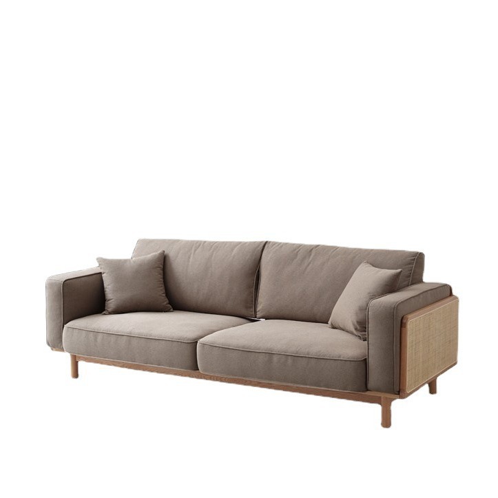 2025 Rattan Sofa Set Japanese-Style Ash Wood Three-Seater Fabric Natural Wood Simple Small Apartment Living Room Solid Wood Trendy