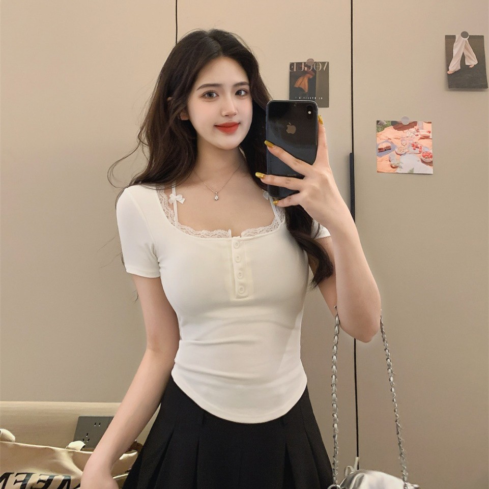 5088# pure wind lace stitching short sleeve T-shirt summer hot girl with chest pad bow slim slim short coat