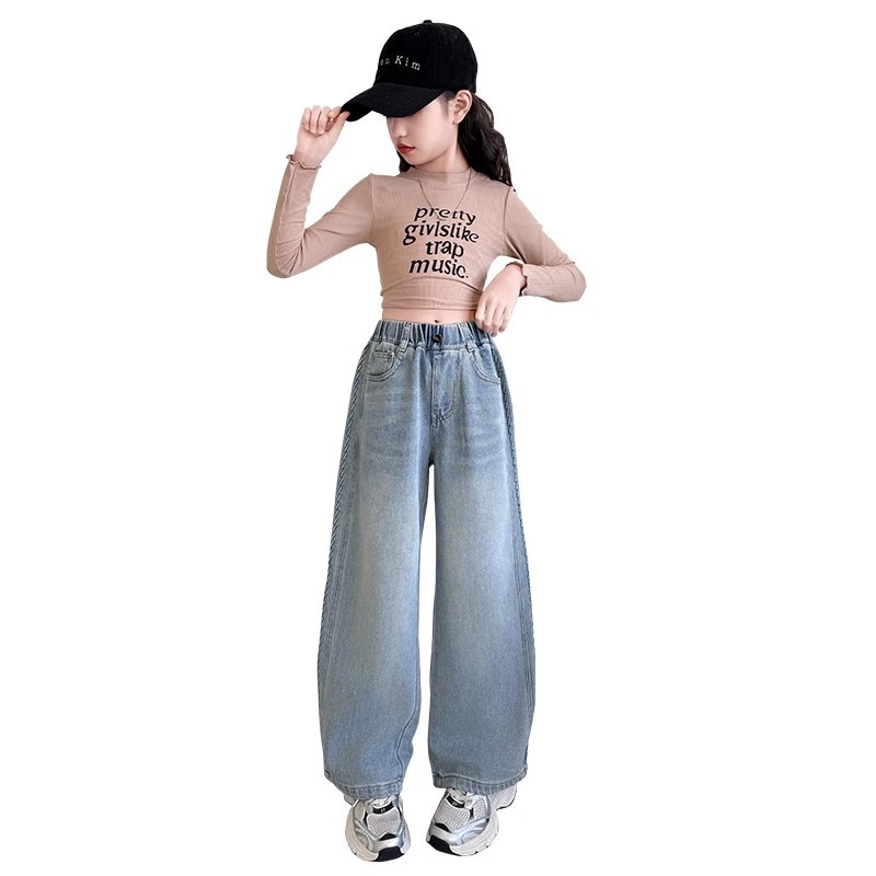 Girls' Denim Wide Leg Pants 2025 Spring and Autumn New Western Style Girls' Fashionable Loose High Waist Straight Pants Long Pants