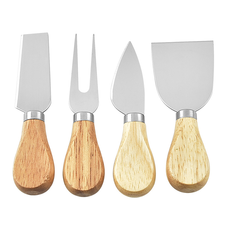 Factory in stock cheese knife 4-piece stainless steel butter knife pizza knife oak handle cheese cheese knife and fork