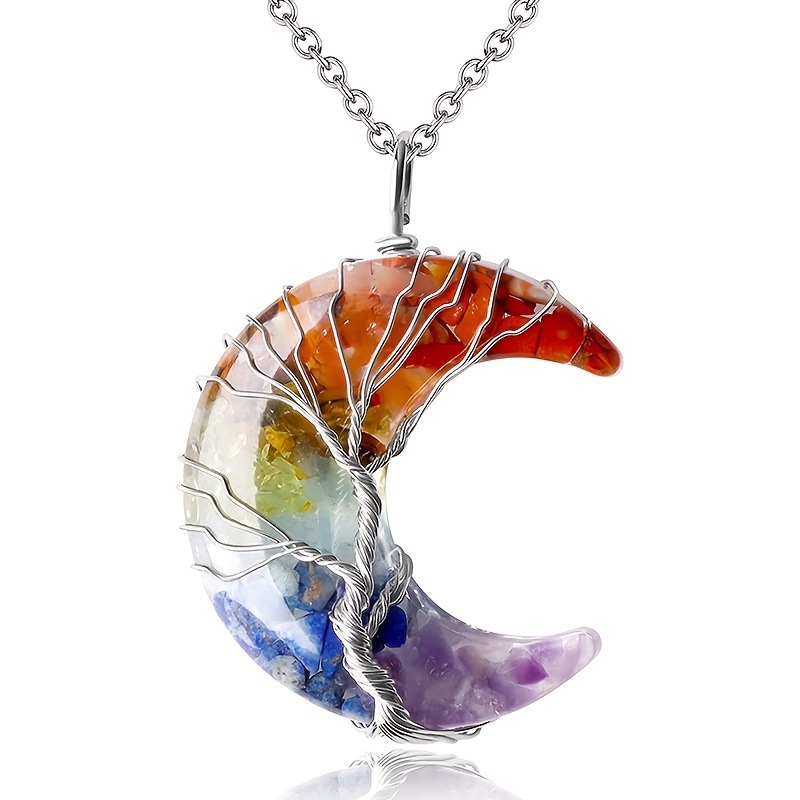 Life Tree Moon Pendant 7 Chakra Healing Crystal Necklace Tree Life