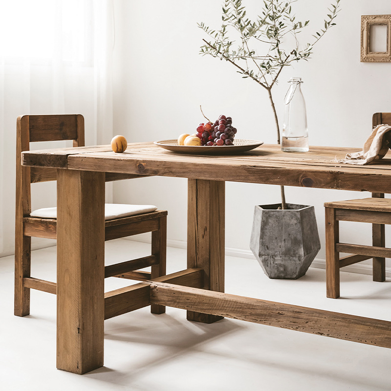 Vintage Old Pine Dining Table and Chair Combination Coffee Shop Restaurant Storefront Solid Wood Dining Table and Chair Set