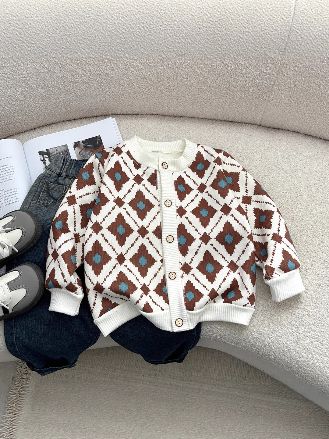 Children's Clothing Children's Cardigan Coat Knitted Baby Autumn and Winter fleece-lined Small Outer Jacket Boys' Round Collar Fashionable Thin All-Match