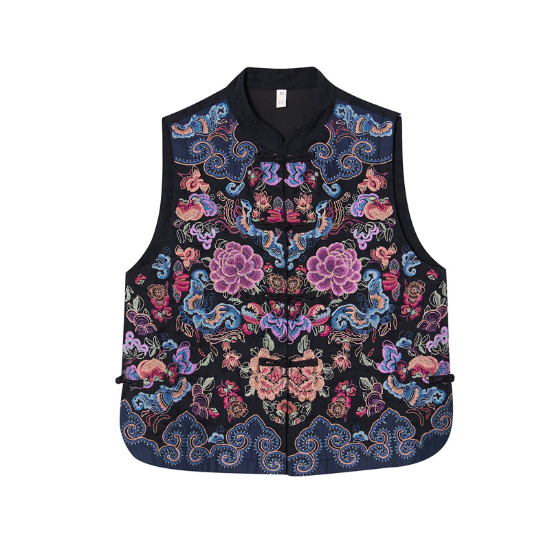Ethnic style women's embroidered vest four seasons versatile new cotton and linen full embroidered stand collar buckle cardigan vest coat