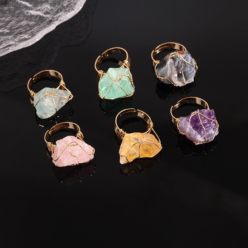 Amazon Crystal Ring Wrapped Around, Asymmetrical Natural Stone Crystal Raw Stone Ring, Fashionable Couple Bracelet Cross-Border