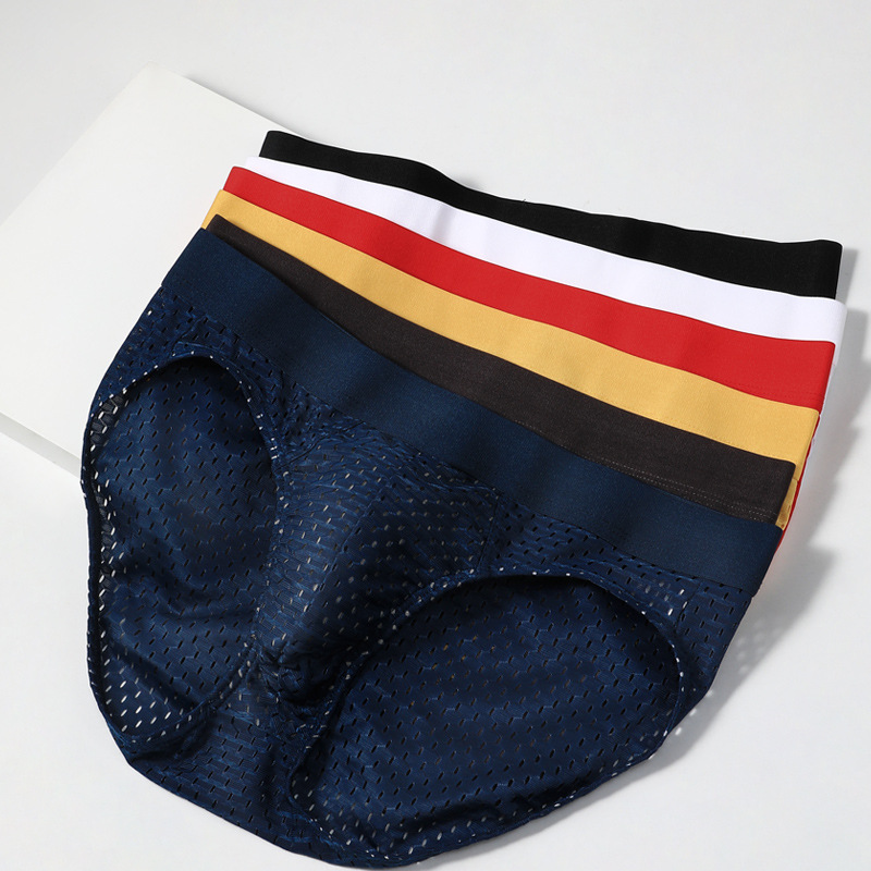 Men's Underwear Ice Silk Solid Color Sexy Low Waist Antibacterial Briefs Summer Thin Mesh Breathable Personalized Shorts