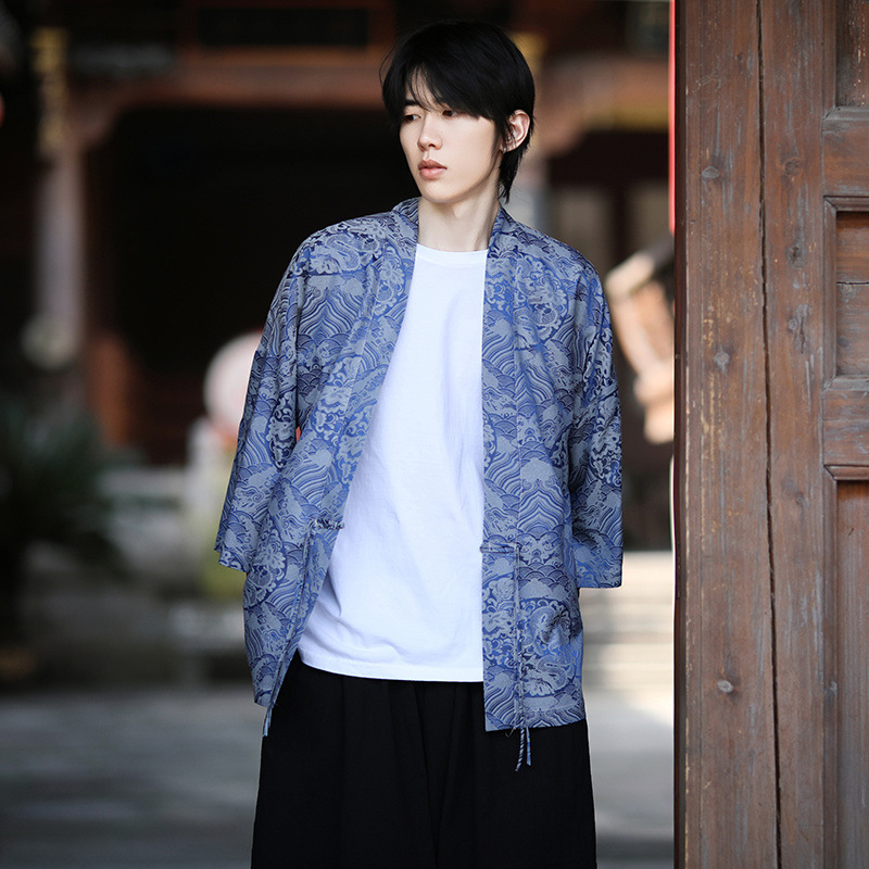 New Chinese Tang Suit Dragon Pattern Hanfu Men's Loose Summer Thin Three-Quarter Sleeve Ice Silk Robe Cape Sun Protection Jacket
