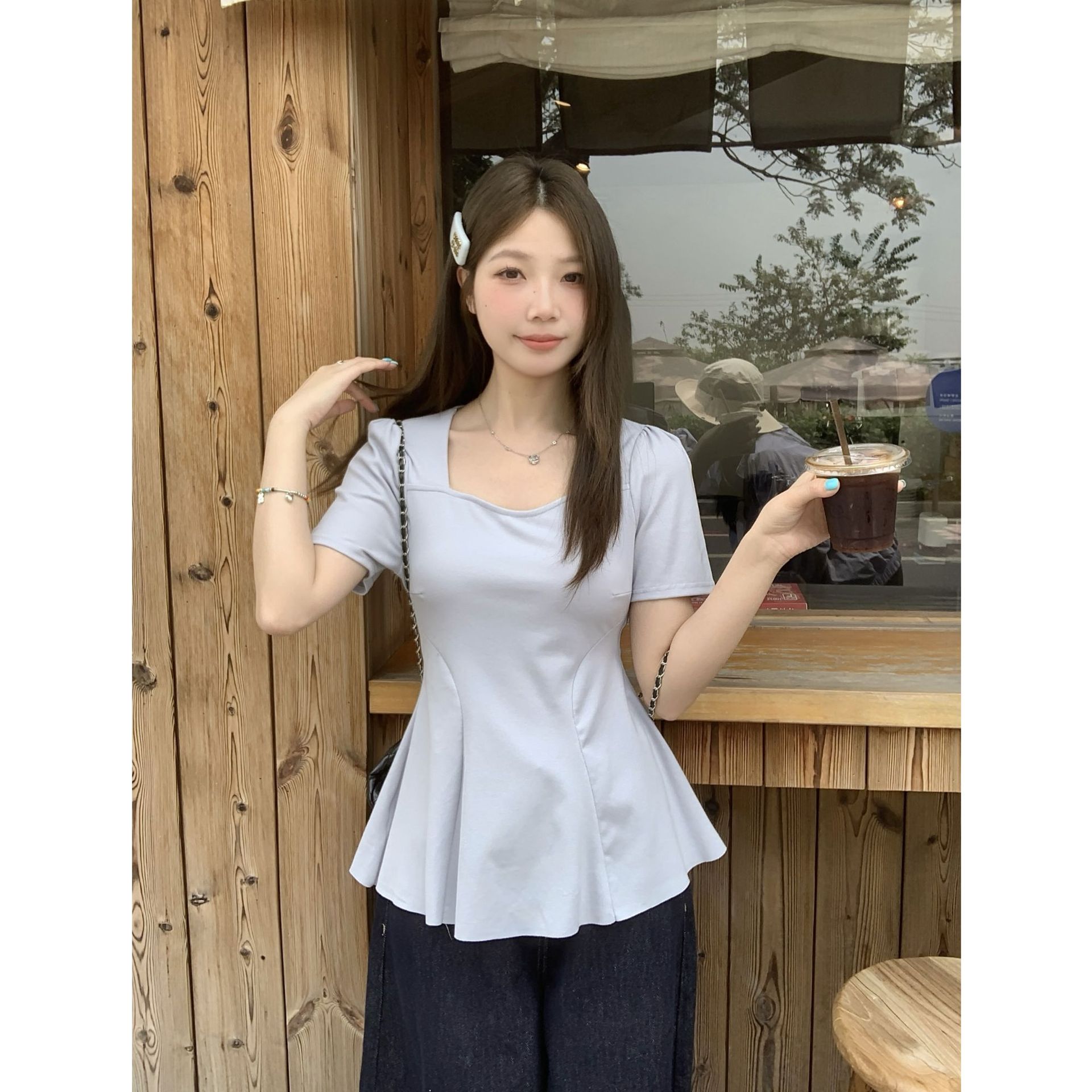Real shot 2025 summer new chubby girl plus size waist pleated hem T-shirt pure square collar shoulder jacket 64582
