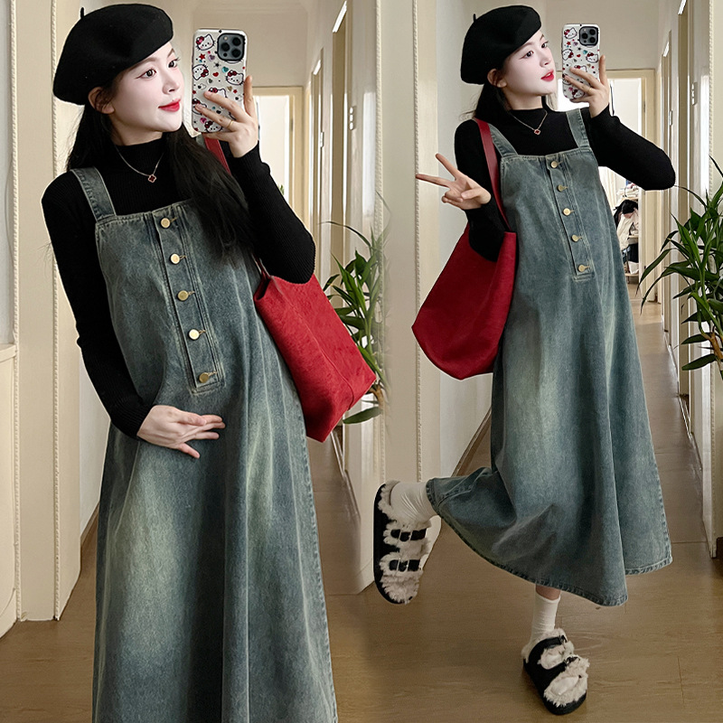 2024 New pregnant women Spring and Autumn Korean style fashion loose slimming Denim sling Dress 2-piece set