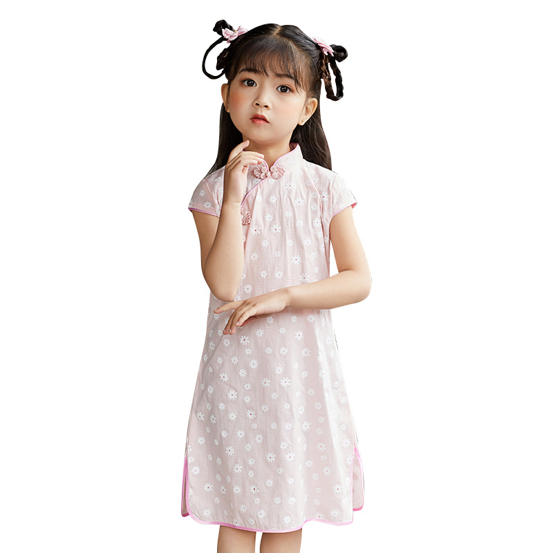 Girls' cheongsam dress 2024 Summer new baby Hanfu cotton dress Western style Chinese style girls' clothes