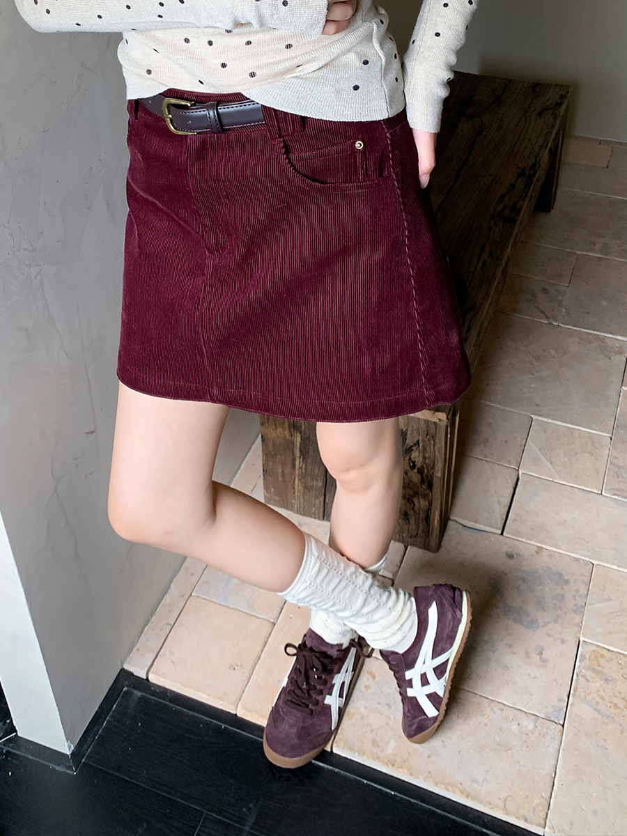 Yier Shirt Corduroy Ins Style Korean Three-point Skirt Waist A- line Short Skirt All-match Waist Slimming Elegant Skirt for Women