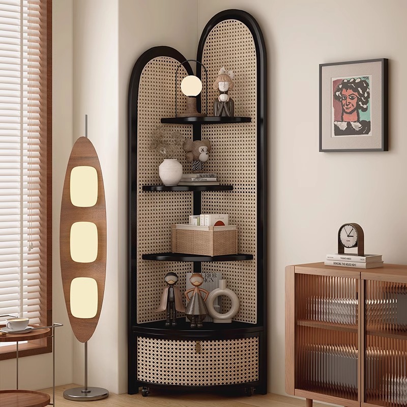 Vintage Solid Wood Triangle Corner Cabinet Rattan Multi-layer Storage Cabinet for Living Room Study Storage Storage Corner Rack for Bedroom