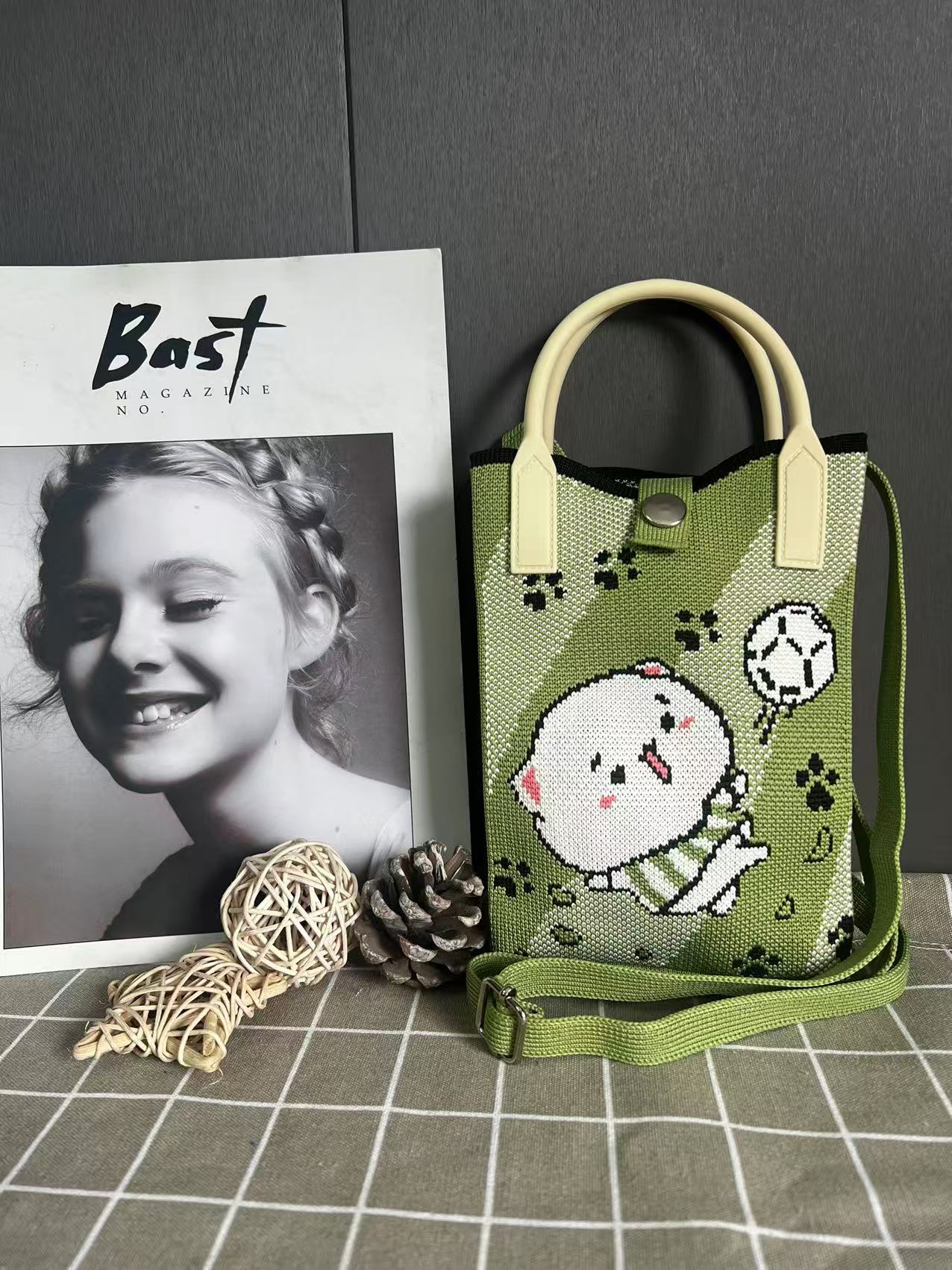 Handbag for Women Korean Style New Cute Cartoon Knitted Small Square Bag Versatile Mini Portable Shoulder Crossbody Mobile Phone Bag