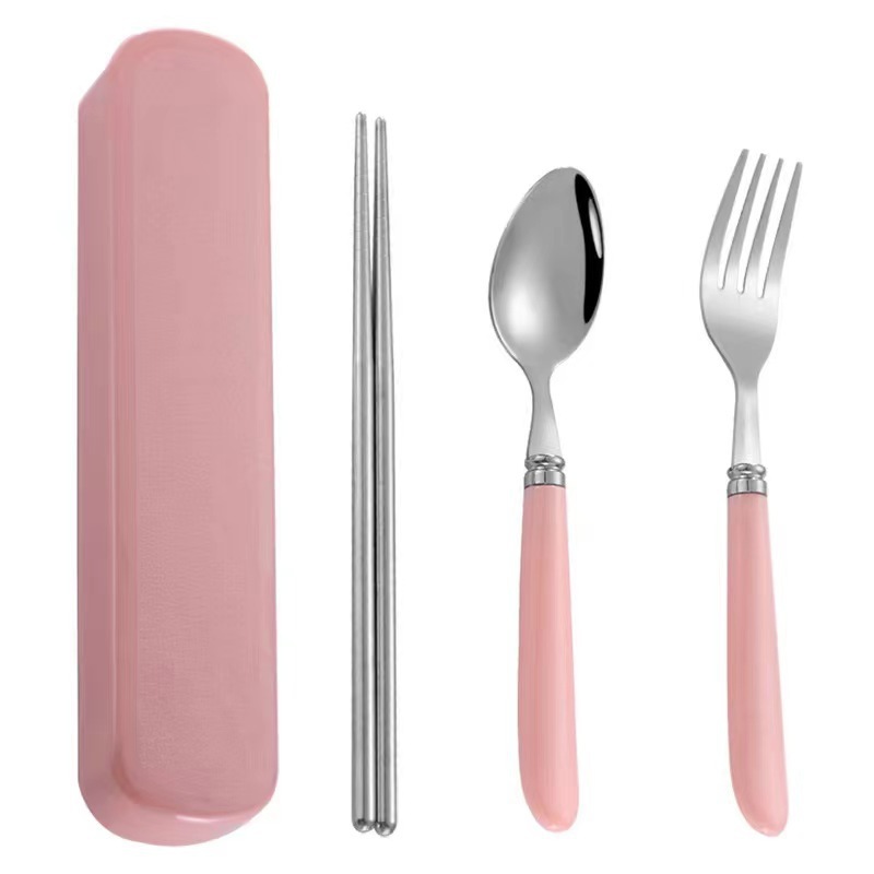 Portable Tableware Set Stainless Steel Spoon Chopsticks Fork Household Student Children Simple Tableware Three-Piece Set Cross-Border