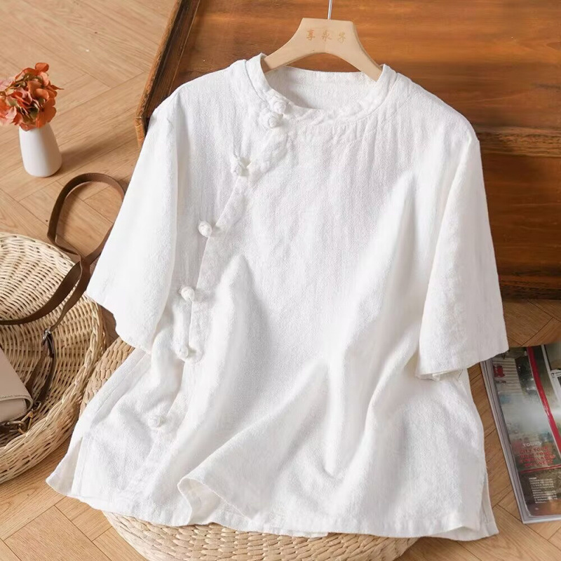 New 2025 Linen Short-Sleeved T-Shirt for Women with Slanted Placket and Buttons, Literary Retro