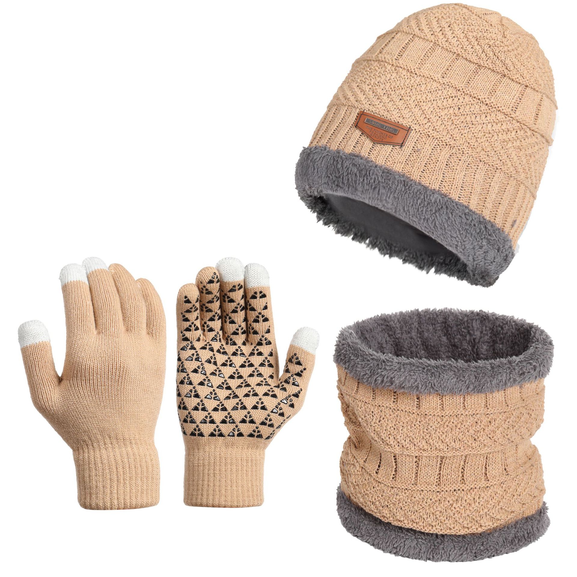 Men's Knitted Hat Three-piece Wool Hat Cross-border Hat Scarf Integrated fleece-lined Warm Hat Touch Screen Gloves
