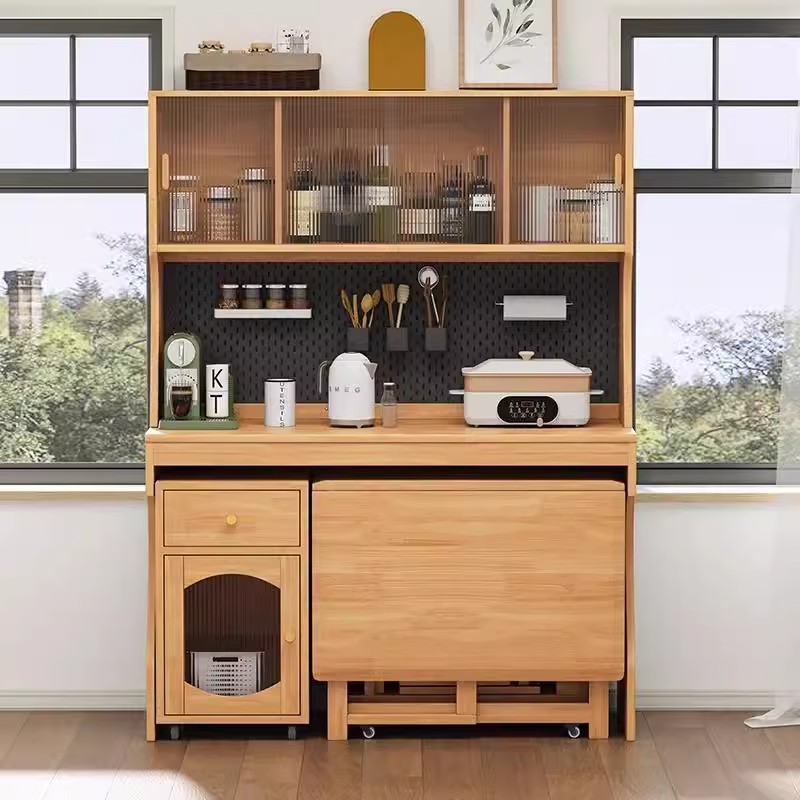 Folding Dining Table Small Apartment Full Solid Wood Sideboard Dining Table Integrated Household Multi-functional Wall Storage Cabinet