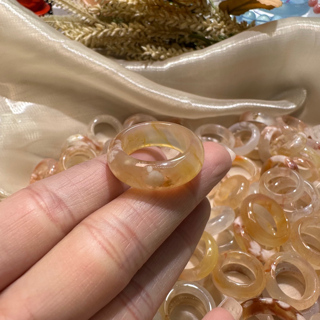 Ice Transparent Cherry Blossom Green Agate Ring Ring Accessories Running Ring Accessories Manufacturer Wholesale Shanwei