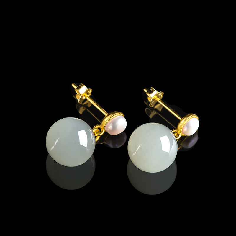 genuine goods Natural Old Material Hetian Jade Round Bead Earrings Pearl Women's Earrings S925 Silver Set Jade Stone Simple Earrings