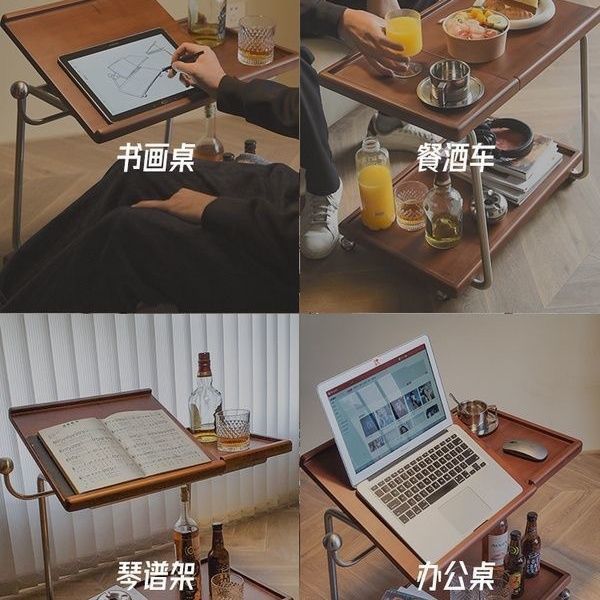 Ins Style Trolley Solid Wood Side Table Storage Rack Sofa Movable Coffee Table Stainless Steel Dining Cart Multi-Functional Medieval
