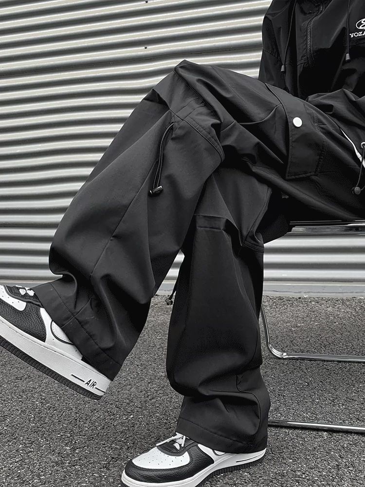 Брюки в американском стиле, высокие, уличные, мужские, весна и осень, модные, функциональные, прямые, большой размер