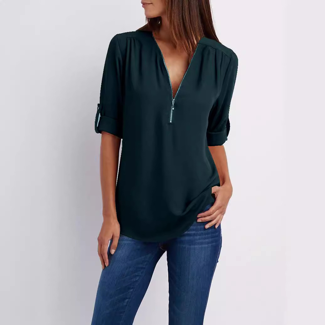 2023ebay European and American shirt V-neck zipper plus size women's long sleeve sleeve sleeve loose chiffon shirt European and American