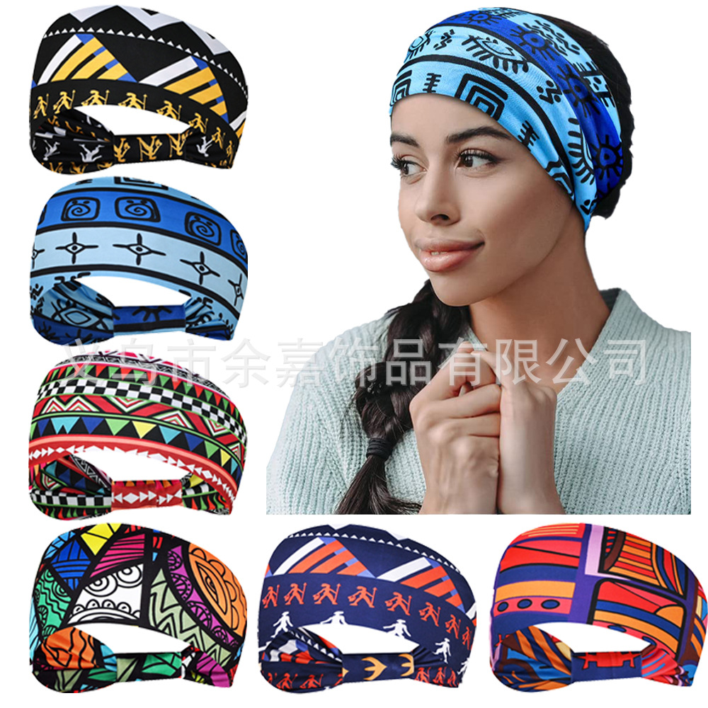 European and American Fashion Printed Women's Ethnic Bohemian Style Cashew Elastic Sports Hair Band Wide-brimmed Knot Headband