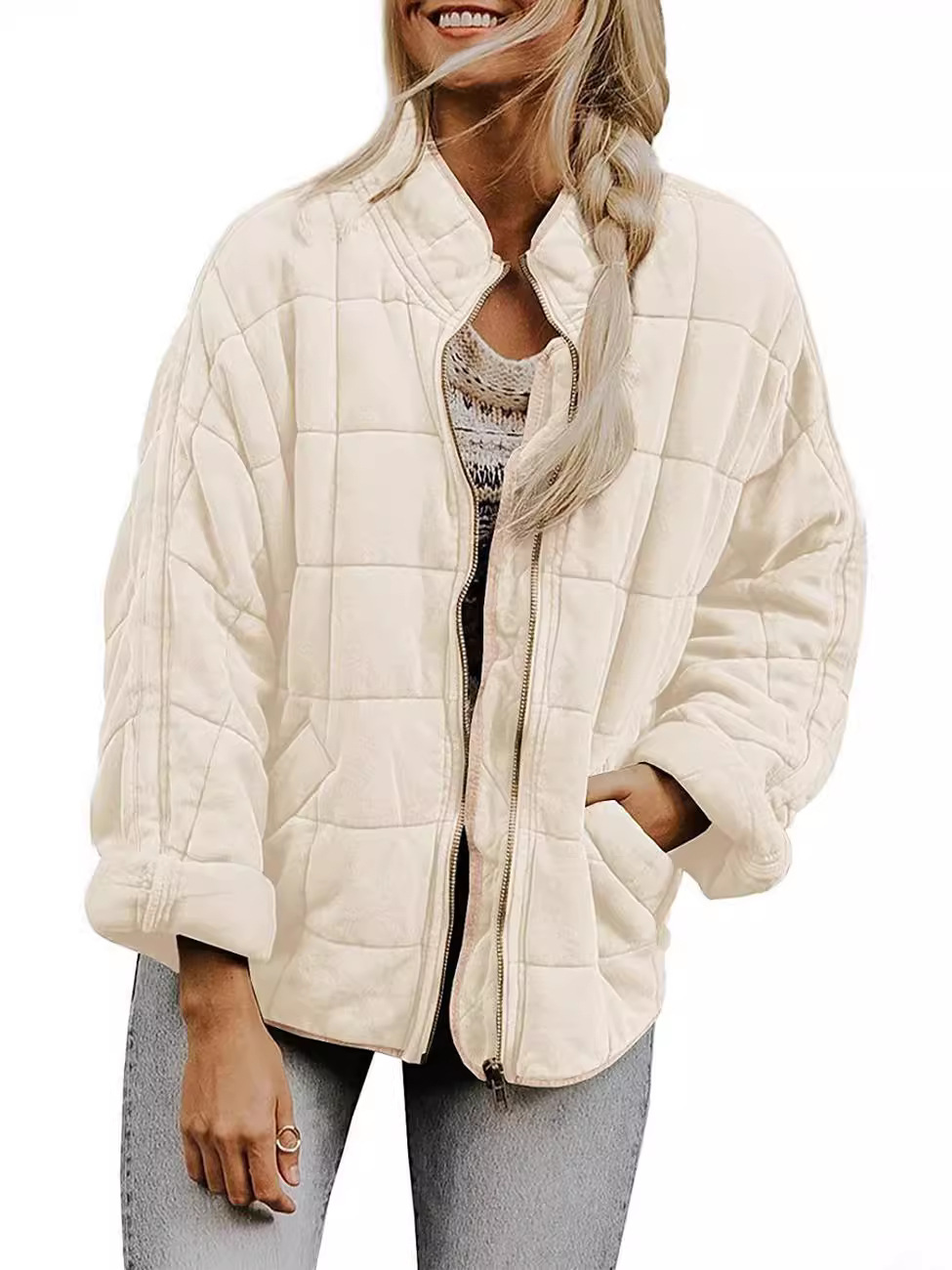 Cross-border foreign trade Amazon solid color stand collar cotton-padded jacket 2024 European and American women's loose long sleeve pocket jacket