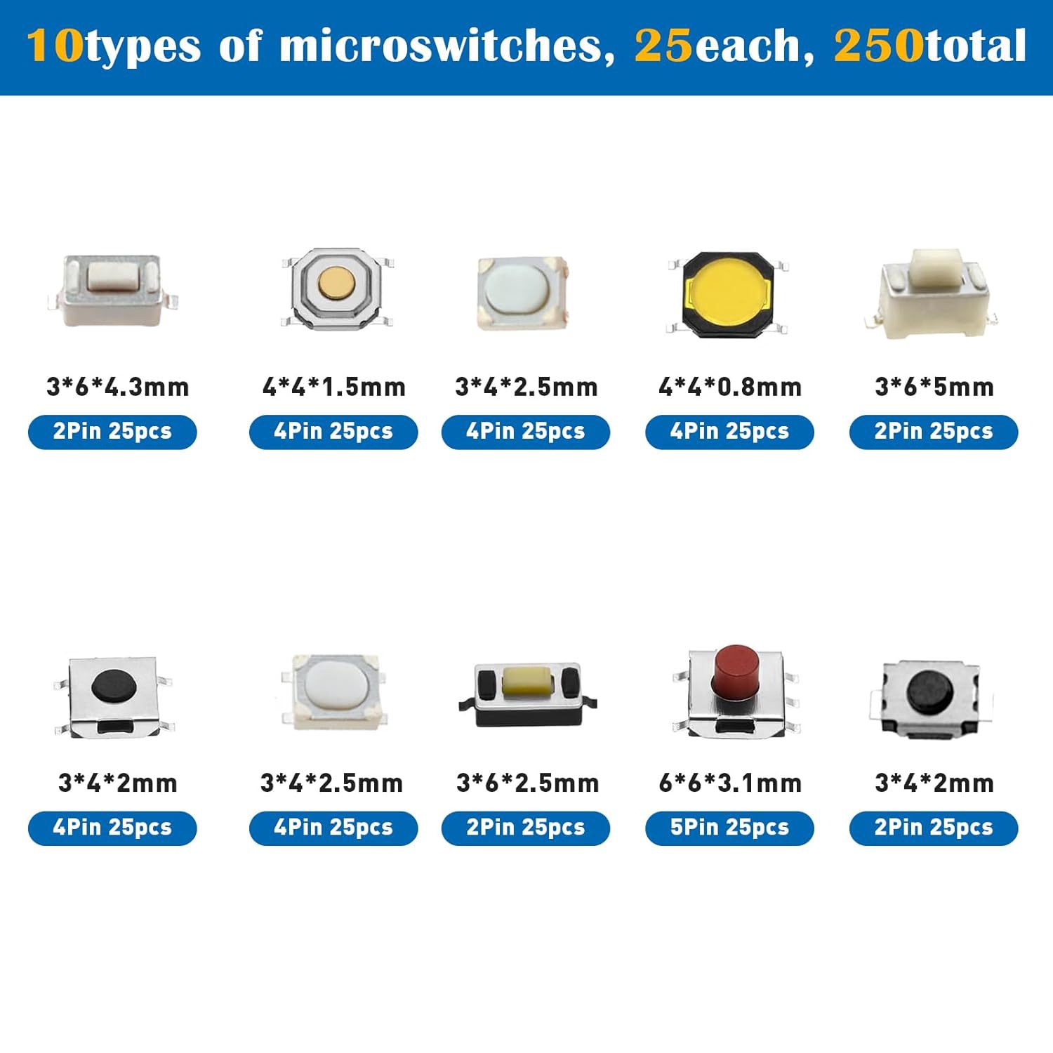 Chri 250 Stück Tactile Push Button Switch Microswitch Mom