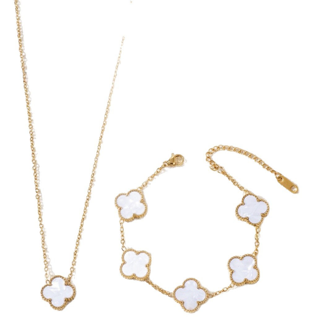 Popular 13mm Stainless Steel Clover Lucky Clavicle Necklace Five-Flower Bracelet Earrings Three-Piece Set Women's Jewelry