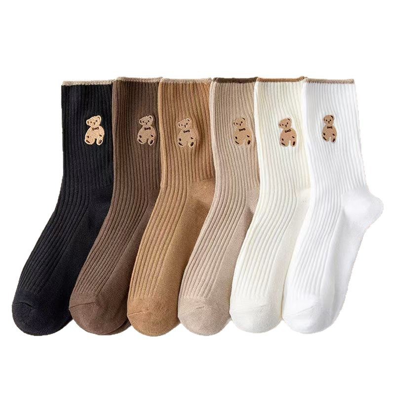 Women's Socks Korean Style Instagram Style Fashionable Autumn and Winter High Beauty Value All-match Vertical Pattern Bear Student Cute Girl Socks