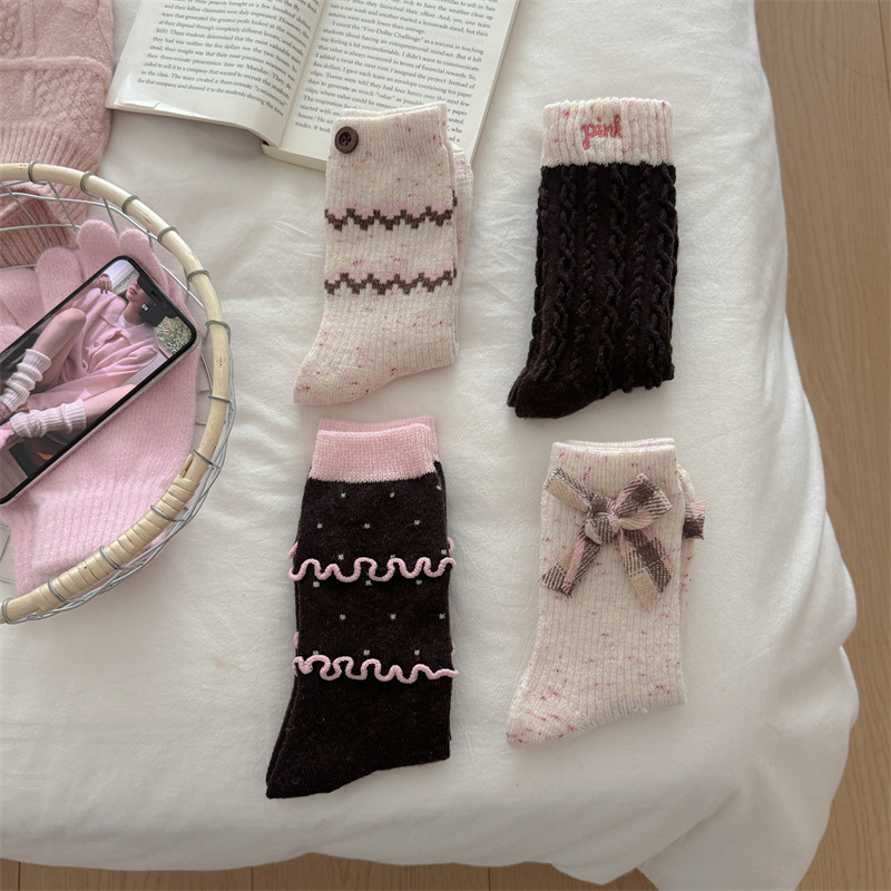 Winter Hot Cocoa! Thickened Striped Warm Wool Idea College Style Autumn and Winter Korean Retro Mid-Tube Slouch Socks
